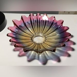 Sunburst Carnival Glass Plate 11 1/4 Sun Shaped Edges Multi Color